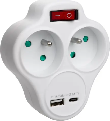 Maclean MCE336 / Zásuvkový rozbočovač / 2x zásuvka / USB-A + USB-C 2,4A / 16A