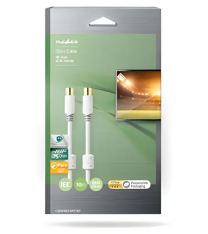 Nedis Koaxiální kabel IEC zástrčka-zásuvka bílý / Kabel / 75 Ohm / Dvojité stínění / Pozlacené konektory / 10 m