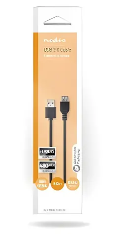Nedis USB 2.0 prodlužovací kabel černá / Kabel USB / USB-A(M) - USB-A(F) / 480 Mbps / 3 m