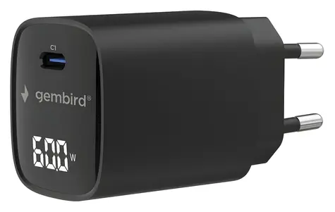 Gembird TA-UC-1C-PD60LCD-01-BK černá / Síťová nabíječka / 60 W / LCD displej / USB-C / PD 3.1 & QC 3.0