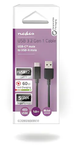 Nedis USB-A - USB-C černá / Datový kabel / USB 3.2 Gen 1 / 60 W / 5 Gbps / 1 m