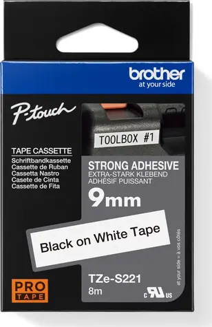 Brother TZe-S221 bílá-černá / Páska do štítkovače / 9 mm / 8 m / laminovaná / extrémně přilnavá