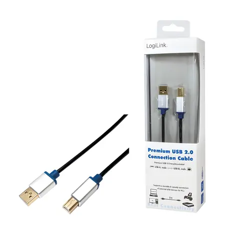 LogiLink USB-A - USB-B 2m černá / Kabel / hliníkové pouzdro / USB 2.0