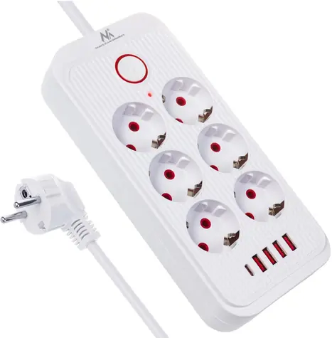 Maclean MCE389 bílá / Prodlužovací přívod / 6x zásuvka / 4x USB-A / 1x USB-C / 2500 W / 1,5 m