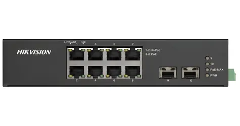 Hikvision DS-3T0510HP-E/HS / Switch / průmyslový / 8x Gb PoE (2x Hi-PoE) / 2x Gb SFP / 110W