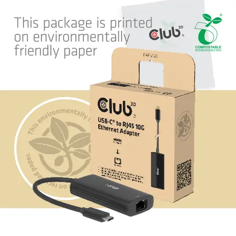 Club3D adaptér USB-C na RJ45 černá / Síťový adaptér / Ethernet 10 Gbit/s / USB-C 3.2 Gen 1