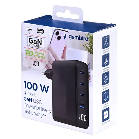 Gembird GaN nabíječka 100W LCD černá / Nabíječka / 3x USB-C / 1x USB-A / PD, QC 3.0