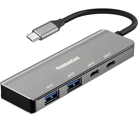 PremiumCord USB-C hub 4-Port hliníkový space grey / USB hub / 2x USB-C / 2x USB-A / USB 3.2 Gen 1 5 Gbps