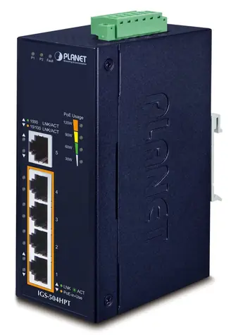 Planet IGS-504HPT / Switch průmyslový / 5x Gigabit RJ-45 / 4x PoE+ 802.3at / IP40 / -40 až 75 °C