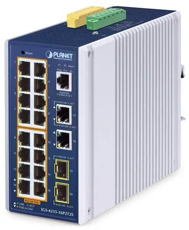 Planet IGS-4215-16P2T / Switch průmyslový / L2/L4 Managed / 16x Gigabit PoE+ RJ-45 / 2x SFP / IP30
