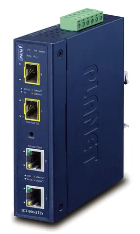 Planet IGT-900-2T2S / Průmyslový media konvertor / RJ45 / 2x SFP / DIN lišta / IP30