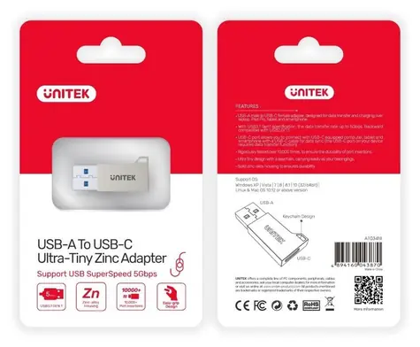Unitek A1034NI stříbrná / Adaptér / USB-A na USB-C / USB 3.1 Gen 1 / 5 Gbps