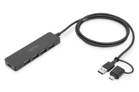 Digitus USB Hub Slim Line 4-Port černá / USB hub / USB 3.2 Gen 1 / 4x USB-A / USB-C napájení / 1,2 m kabel