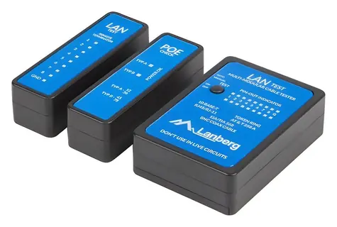 Lanberg tester kabelů LAN a PoE černý / Tester kabelů / RJ-45 / RJ-11 / Koax / PoE test / LED indikace