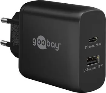 Goobay duální rychlonabíječka USB-C GaN 65W černá / Síťová nabíječka / USB-C PD / 1x USB-A / 65W