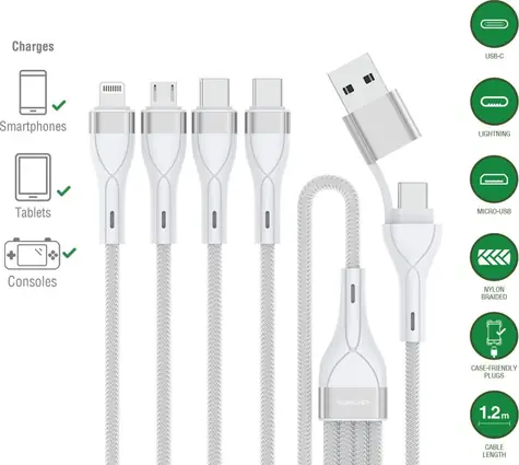 4smarts 541024 bílý / USB kabel / USB-A + USB-C - 2x USB-C + Lightning + microUSB / 1,2 m