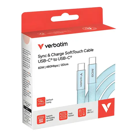 Verbatim SoftTouch 30273 modrá / USB-C kabel / 60 W PD 3.0 / 1,2 m