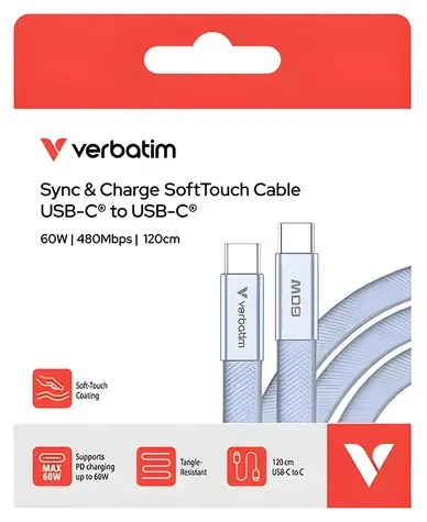 Verbatim SoftTouch 30275 fialová / USB-C kabel / 60 W PD 3.0 / 1,2 m