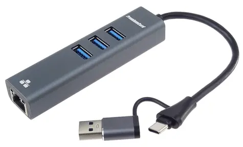 PremiumCord adaptér USB-C/USB-A na Gigabit Ethernet + 3x USB stříbrný / Adaptér / RJ45 10/100/1000 / USB 3.2 5Gbps