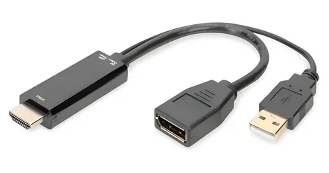 Digitus redukce HDMI A - DisplayPort 4K 0,2 m černá / Redukce / 30 Hz / USB-A napájení / pozlacené konektory