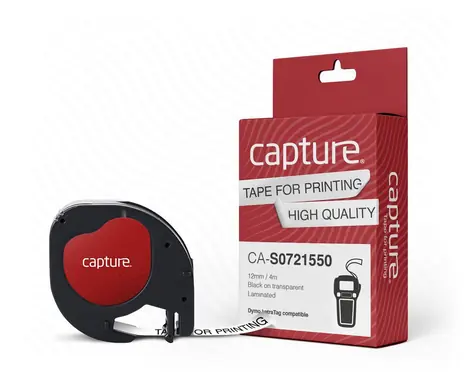 Capture páska do štítků 12mm černá na bílé / Páska do tiskárny štítků / 4 m / kompatibilní DYMO LetraTag