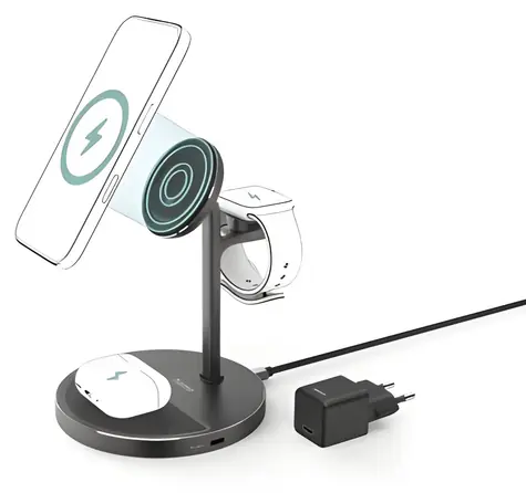 Hama Qi2 bezdrátová nabíječka s držákem 3v1 černá / 15 W / USB-C adaptér 45 W