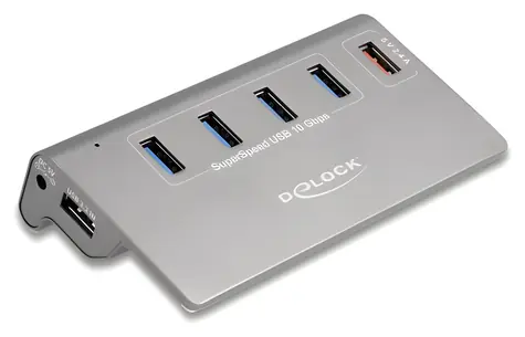 DeLock 5portový USB hub šedá / USB hub / 4x USB-A 10 Gbps + 1x rychlonabíjecí port / kovové tělo / AC adaptér