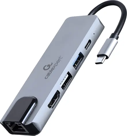 Gembird A-CM-COMBO5-04 stříbrná / Hub 5v1 / HDMI 4K/30Hz / USB-A / RJ45 / USB-C PD 87W