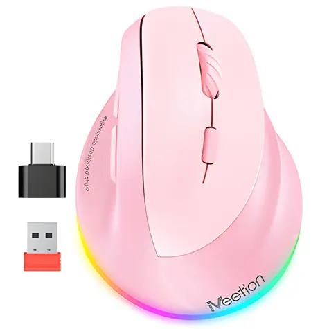 Meetion BTM010R růžová / Ergonomická vertikální bezdrátová myš / optická / 2400 DPI / Bluetooth + 2,4GHz