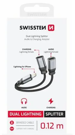 Swissten Textile černá / Audio adaptér / Lightning (samec) - 2x Lightning (samice) / 0,12 m