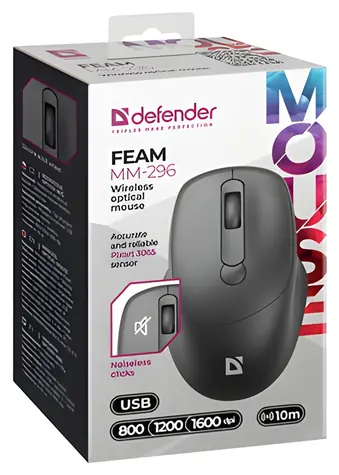 Defender FEAM MM-296 černá / Bezdrátová optická myš / 1600 DPI / 10 m / 2.4 GHz