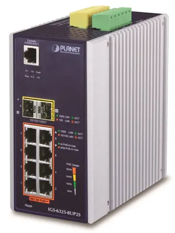 Planet IGS-6325-8UP2S / Switch průmyslový / 8x 1Gb RJ-45 / 2x 2,5Gb SFP / PoE 802.3bt 360W / -40 až 75 °C / fanless