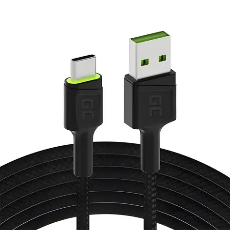 Green Cell Cable Ray černá / Datový kabel / USB-A - USB-C / zelené LED podsvícení / QC 3.0 / 1,2 m