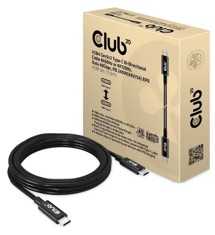 Club3D CAC-1579 černá 3m / Kabel USB-C / USB4 Gen3x2 / 8K60Hz / 40Gbps / PD 240W