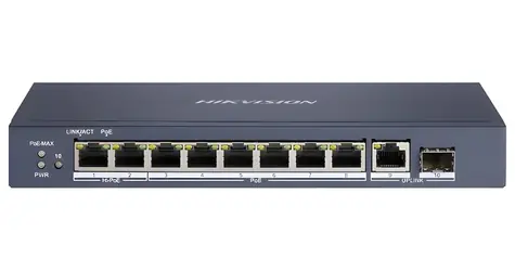 Hikvision DS-3E0510HP-E / Switch / 8x Gigabit PoE (2x Hi-PoE) / RJ45 + SFP uplink / 110W / dosah 300m