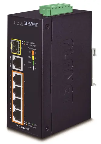 Planet IGS-614HPT / Průmyslový PoE switch / 5x 1000Base-T / 1x SFP / 4x PoE 802.3at / -40~75°C / DIN