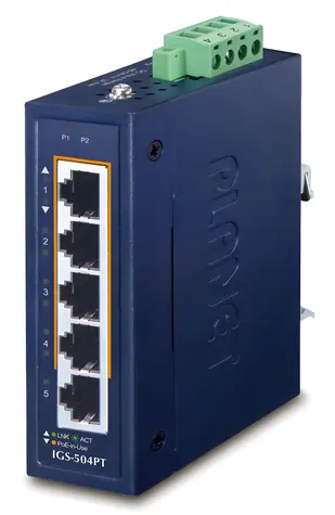 Planet IGS-504PT v3 / Switch průmyslový / 5x 1Gb / 4x PoE 802.3at 120W / -40 až +75°C / IP30