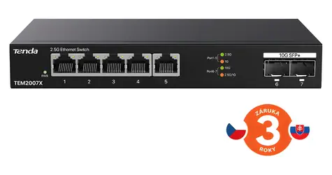 Tenda TEM2007X / Switch / 5x 2,5 Gbps RJ45 / 2x 10G SFP+ / Unmanaged / Kov