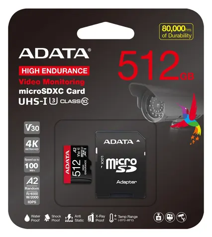 ADATA High Endurance 512GB / Paměťová karta microSDXC / UHS-I U3 / čtení 100 MB/s / zápis 85 MB/s / adaptér