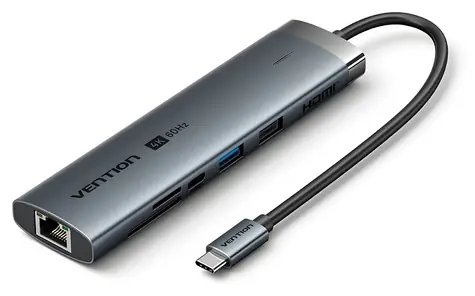 Vention USB-C 8v1 dokovací stanice šedá / Dokovací stanice / HDMI 4K/60Hz / LAN / USB-C PD 100W / SD/TF čtečka
