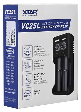 XTAR VC2SL / Nabíječka baterií / Li-Ion, Ni-MH, Ni-Cd / LCD displej / USB / pro 2 baterie