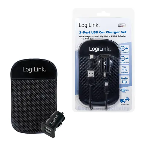 LogiLink 2portová USB nabíječka do auta černá / 10,5 W / 12/24 V / protiskluzová podložka