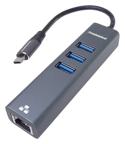 PremiumCord adaptér USB-C na Gigabit Ethernet + 3x USB 3.0 šedý / Adaptér / RJ45 10/100/1000 / 5 Gbps / Cat6