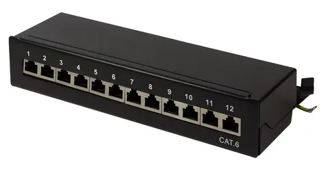 LogiLink patch panel Cat.6 12 portů černá / Patch panel / STP / stolní i nástěnná montáž