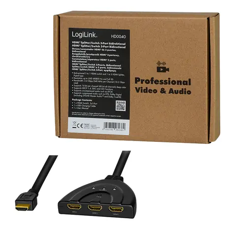 LogiLink HDMI switch 3-port černá / Přepínač HDMI / bidirekční 1x3/3x1 / 4K 30Hz / CEC / HDCP 1.4