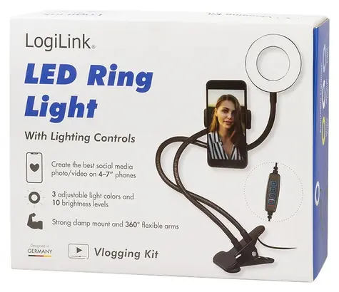 LogiLink LED Ringlight klip na telefon černá / LED kruhové světlo / 24 LED / O 8,5 cm / USB / max. 7
