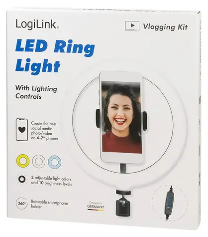 LogiLink Kruhové LED světlo O 20 cm / Kruhové LED světlo / 72 LED / 10 W / 1,8 m kabel