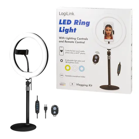 LogiLink Stativ s kruhovým LED světlem / Stativ / Dálková spoušť / O 25 cm / 700 lm