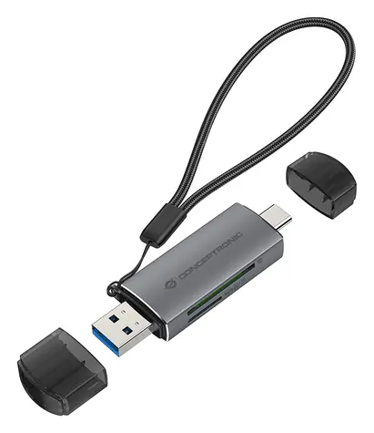 Conceptronic šedá / Čtečka paměťových karet / USB-A/USB-C 3.2 Gen 1 / SD, microSD / 2 sloty / 5 Gbit/s