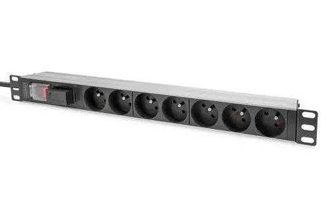 Digitus PDU 1U 7x CEE 7/5 černá / Zásuvková lišta / 230V/16A / kabel 2 m / hliníkové tělo / přepěťová ochrana
